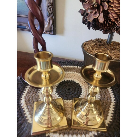 Brass Candlestick Vintage Heavy Tapered  Set Of 2Candle Holder Square Base  6.5" - Picture 4 of 7